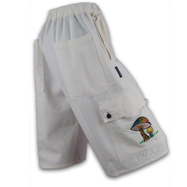 Mens Cotton Cargo Mushroom Embroidered Shorts - HalfMoonMusic