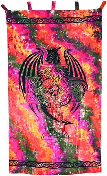 Celtic Cross and Dragon Tie Dye Curtain - HalfMoonMusic