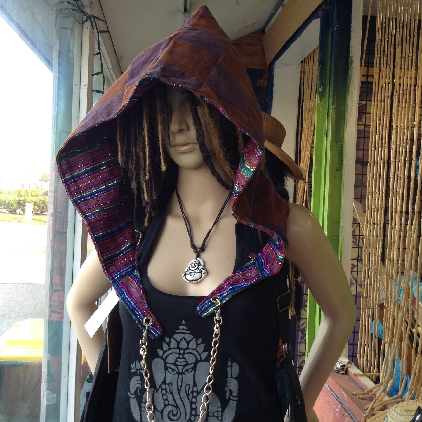 Corduroy Patchwork Reversible Hood with Chain - HalfMoonMusic