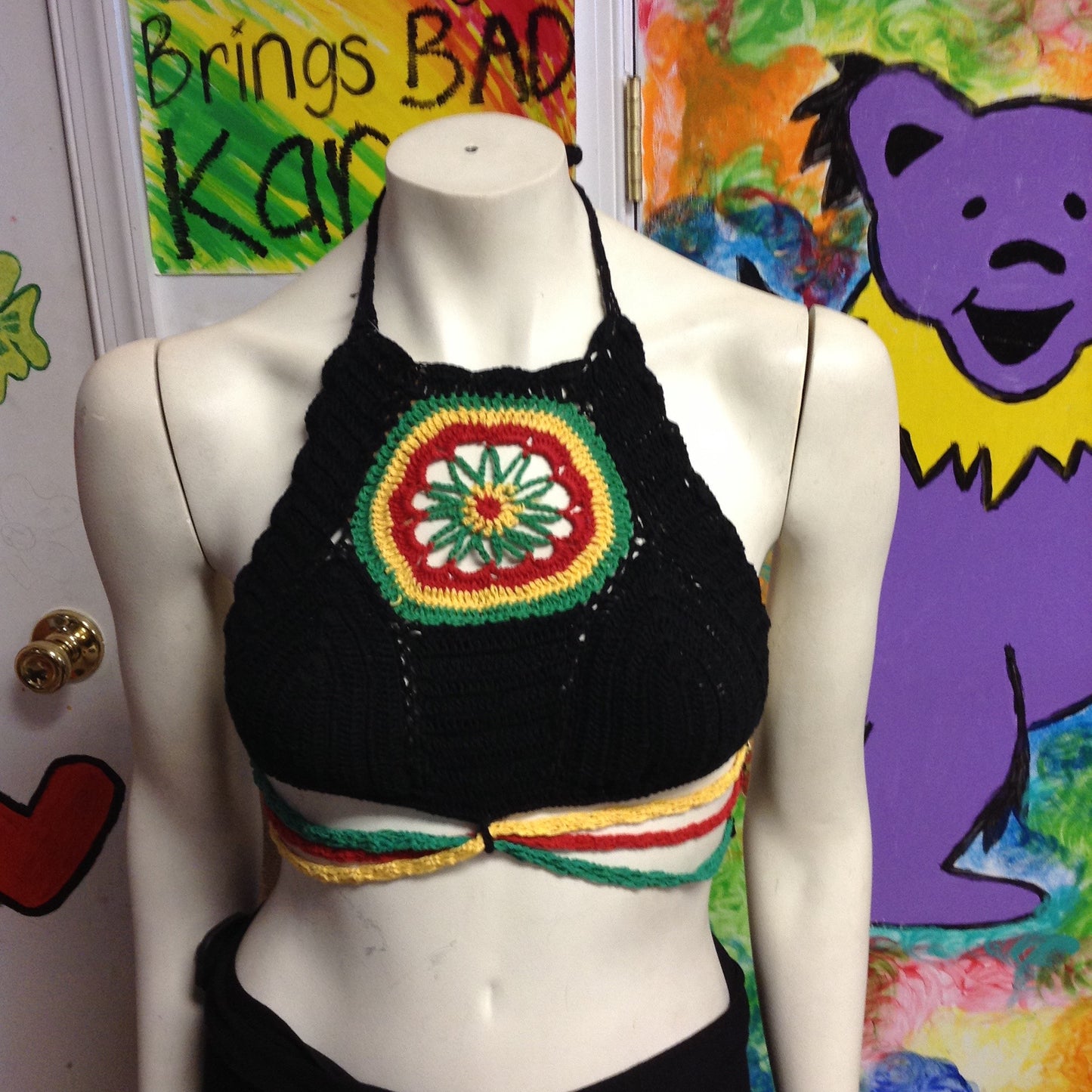 Rasta Crochet Top W/ Flower Center - HalfMoonMusic