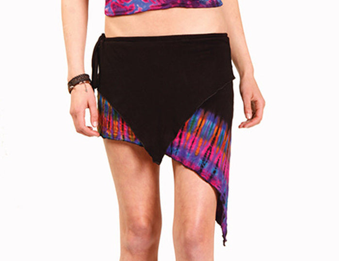 Womens 1/2 Tie Dye Razor Cut Side Tie Short Skirt - HalfMoonMusic