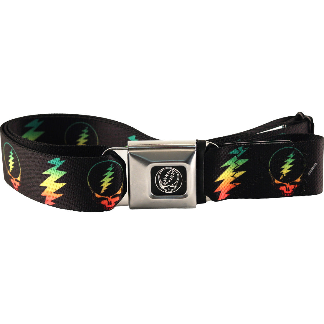 Grateful Dead Rasta Stealie & Bolts Seatbelt Buckle Belt - HalfMoonMusic