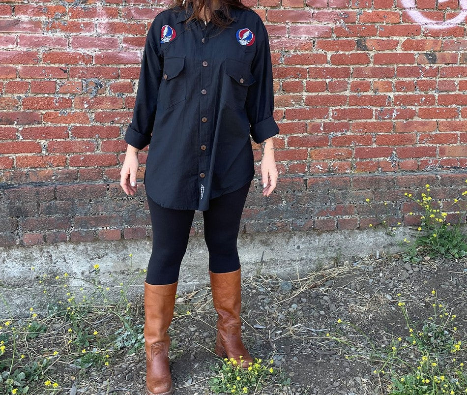Mens Long Sleeve Emroidered Grateful Dead Button Up Shirt - HalfMoonMusic