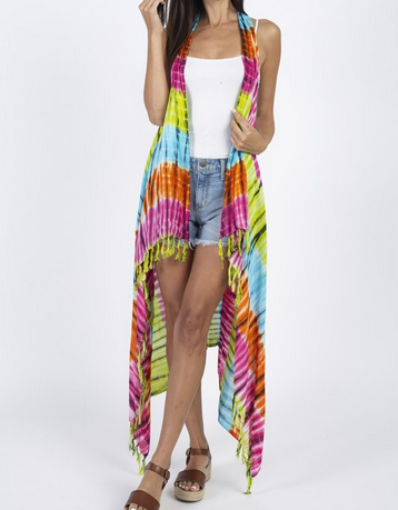 Womens Rayon Tie-Dye Racerback Sleeveless Cardigan W/ Fringe - HalfMoonMusic