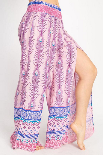 Womens Viscose Peacock Print Slit Leg Harem Pants - HalfMoonMusic