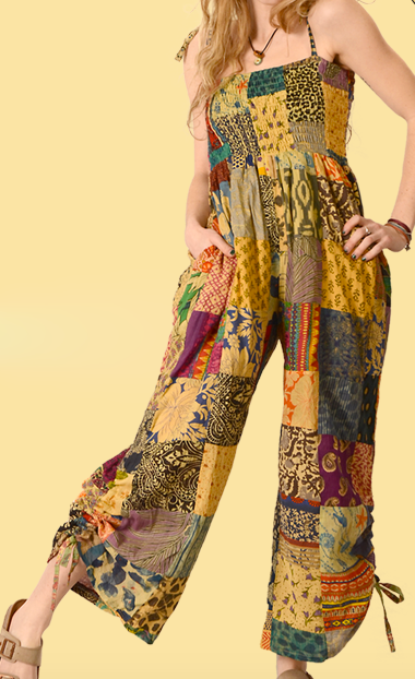 Womens Cotton Patchwork Cinche Leg Jumpsuit - HalfMoonMusic