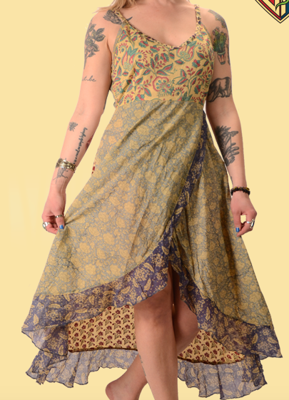 Womens Cotton Print Faux Wrap String Dress - HalfMoonMusic
