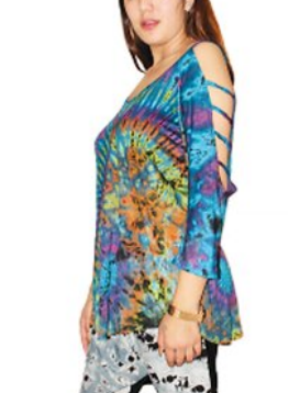 Womens Viscose Tie-Dye Cold Shoulder Loose Top - HalfMoonMusic