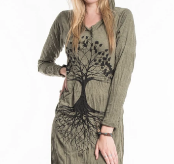 Womens Long Sleeve Tree of Life Long Hoodie Dress - HalfMoonMusic