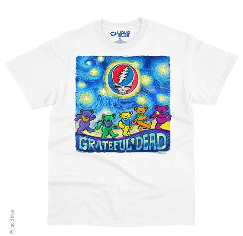 Mens Grateful Dead Starry Night Dancing Bears White T-Shirt - HalfMoonMusic