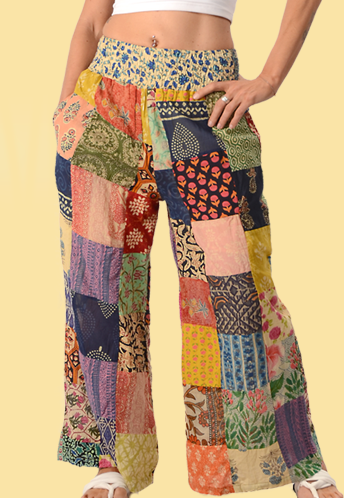 Womens Cotton Patchwork Print Flare Pants - HalfMoonMusic