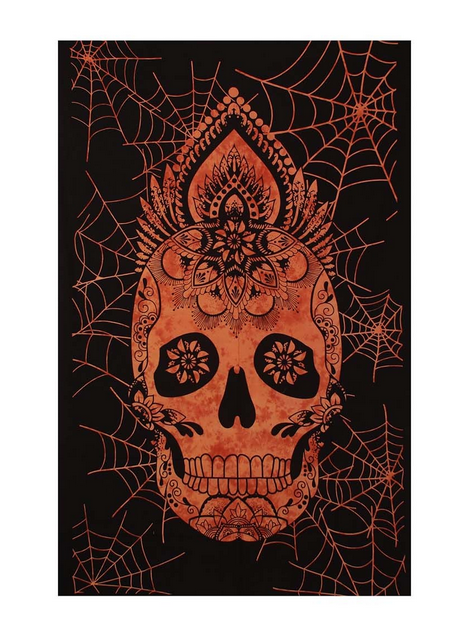 Halloween Orange Skull Spiderweb Lotus Tapestry - HalfMoonMusic