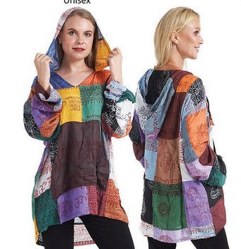 Unisex Diety Print Patchwork Tunic Hoodie - HalfMoonMusic