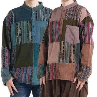 Mens Cotton Striped Patchwork Half Button Shirt - HalfMoonMusic