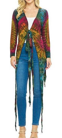 Womens Tie Front Tie Dye Long Sleeve Cardigan Top - HalfMoonMusic