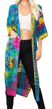 Womens Tie Dye Rayon Kimono Top With Pockets - HalfMoonMusic