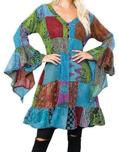 Womens Patchwork Rayon Bell Sleeve Ruffle Kimono Top - HalfMoonMusic