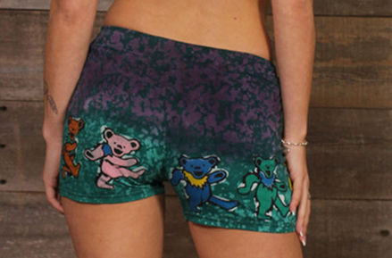 Women's Cotton Lyrca Cotton Batik Booty Shorts w/ Hand Painted Dancing Bears - HalfMoonMusic