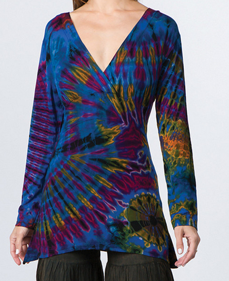 Women's Rayon Spandex Tie-Dye Front Wrap Angle Cut Longsleeve Top - HalfMoonMusic
