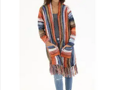 Women's Longsleeve Stripped Cardigan W/ Fringe - HalfMoonMusic