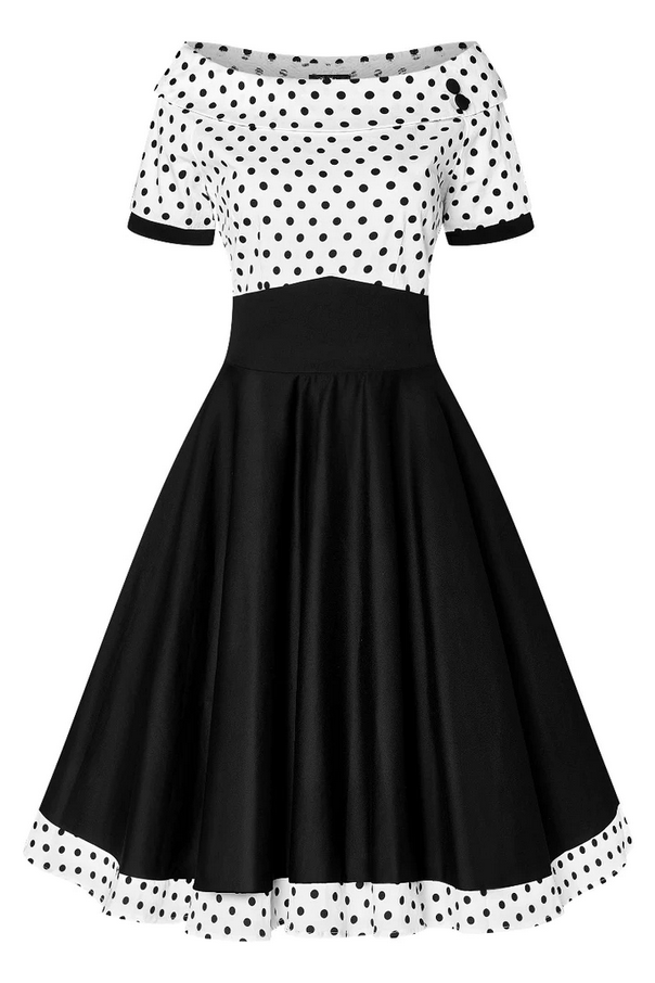 Women's Cotton Black/White Polka Dot Off-Shoulder Swing Dress Women's Cotton Black/White Polka Dot Off-Shoulder Swing Dress