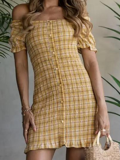 Women's Yellow Shirred Bodycon Midi Dress - HalfMoonMusic