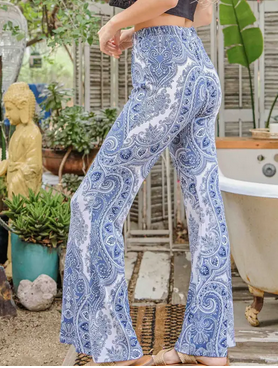 Women's Polyester Textured Flare Print Bell Bottom Pants - HalfMoonMusic