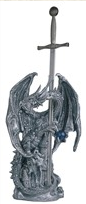 Silver Armored Dragon with Sword Statue - HalfMoonMusic