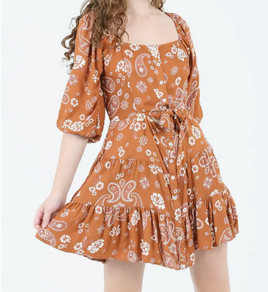 Button Tie Peekaboo Paisley Dress - HalfMoonMusic