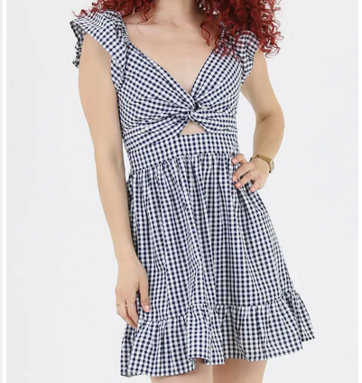 Checkered Ruffle Sleeve Keyhole Dress - HalfMoonMusic