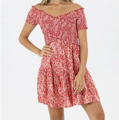 Red Paisley Smocked Criss Cross Dress - HalfMoonMusic
