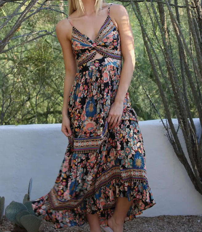 Multi Floral Peekaboo Tiered Maxi Dress - HalfMoonMusic