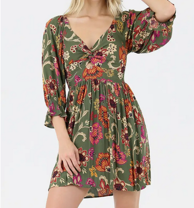 Olive Floral Quarter Sleeve Twist Front Dress - HalfMoonMusic