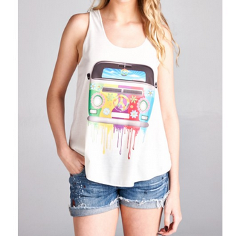 Women's Cotton Drippy Hippie Rainbow Bus Tank Top - HalfMoonMusic