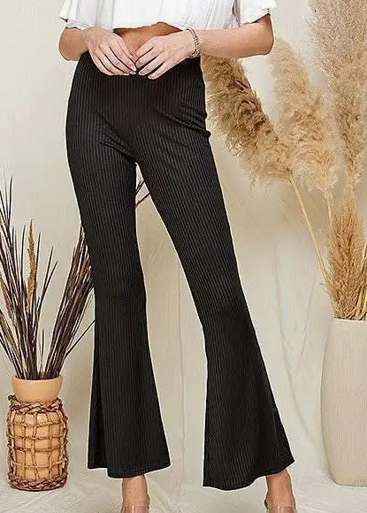 Women's Polyester Flowy Ribbed Bell Bottom Pants - HalfMoonMusic