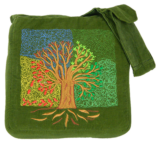 Corduroy Tree of the Seasons Embroidered Shoulder Bag - HalfMoonMusic
