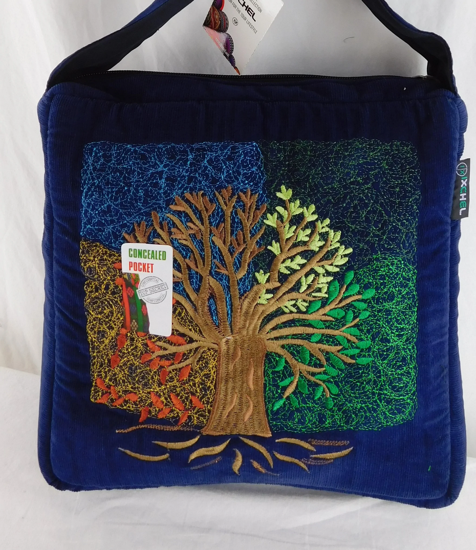 Corduroy Tree of the Seasons Embroidered Shoulder Bag - HalfMoonMusic