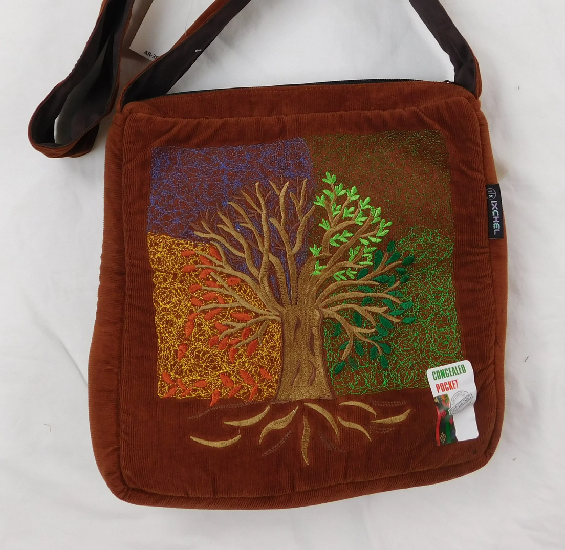 Corduroy Tree of the Seasons Embroidered Shoulder Bag - HalfMoonMusic