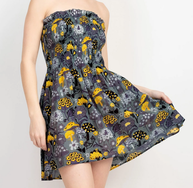 Women's Cotton Mushroom Print Sleeveless Stretch Mini Dress - HalfMoonMusic