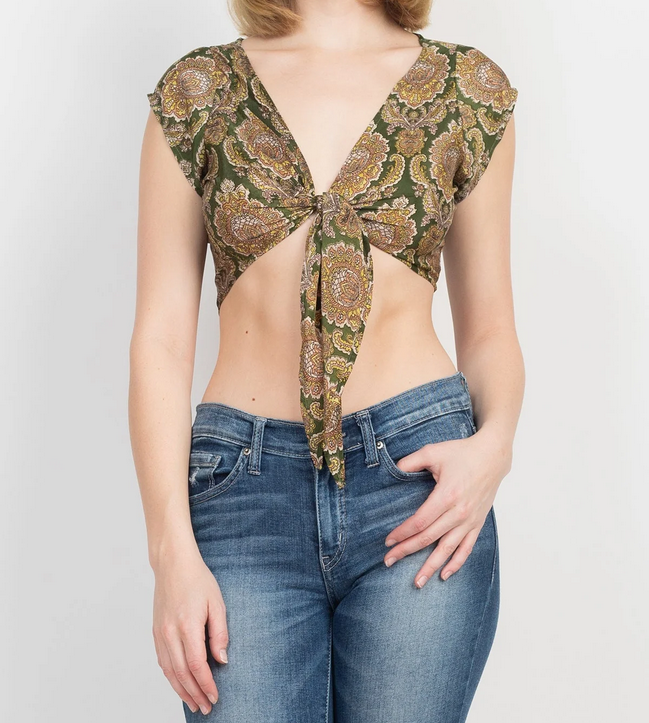 Women's Poly Silk Tie-Front Cap Sleeve Crop Top - HalfMoonMusic