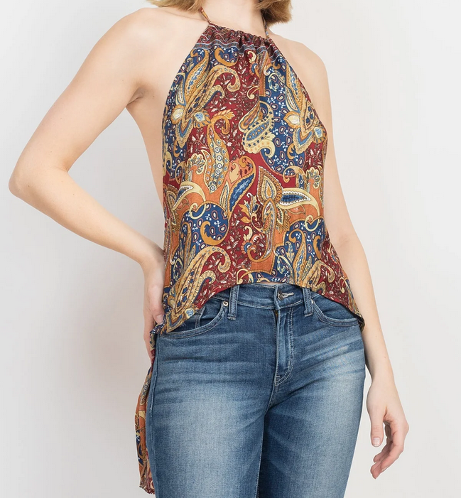 Women's Poly Silk Paisley Floral Backless Tie-Back Halter Top - HalfMoonMusic