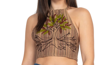 Women's Striped Embroidered Tie-Back Halter Top - HalfMoonMusic