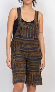 Women's Cotton Striped Grunge Patchwork Short Overalls - HalfMoonMusic