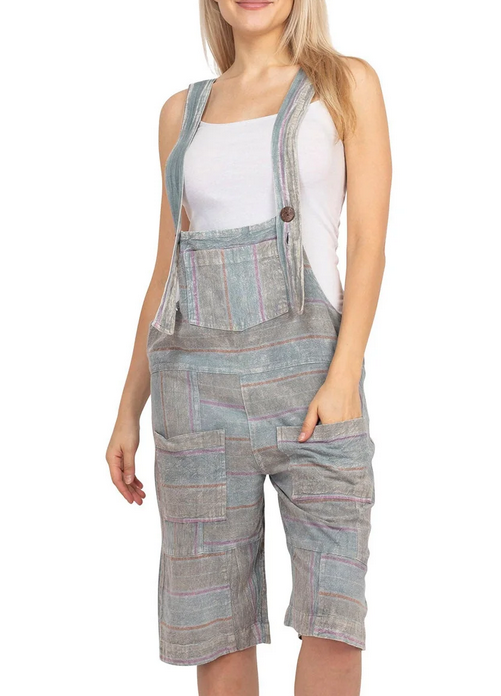Women's Cotton Striped Grunge Patchwork Short Overalls - HalfMoonMusic