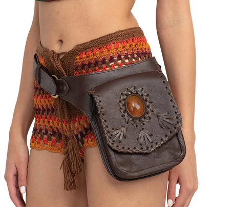 Leather Laced Fine Crystal Stone Belt Bag - HalfMoonMusic