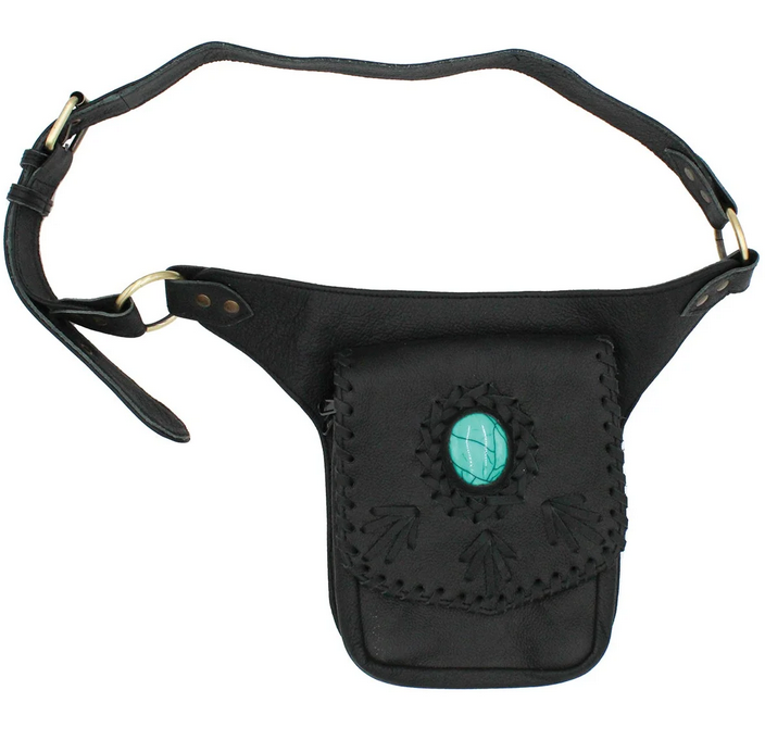 Leather Laced Fine Crystal Stone Belt Bag - HalfMoonMusic