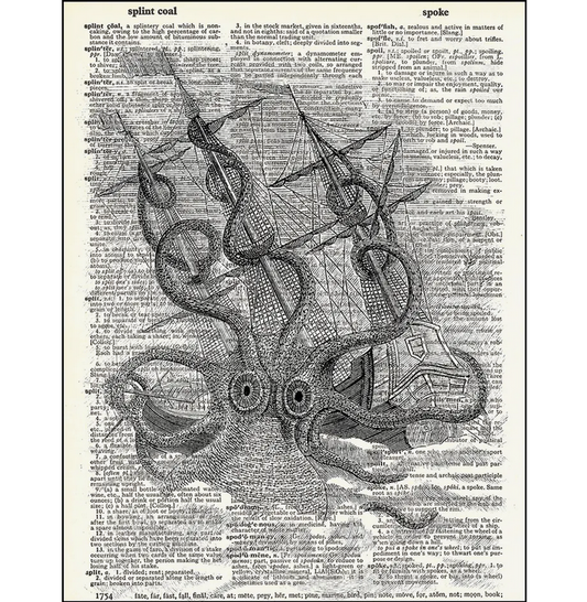 Kraken Pirate Ship Dictionary Page Art Print - HalfMoonMusic
