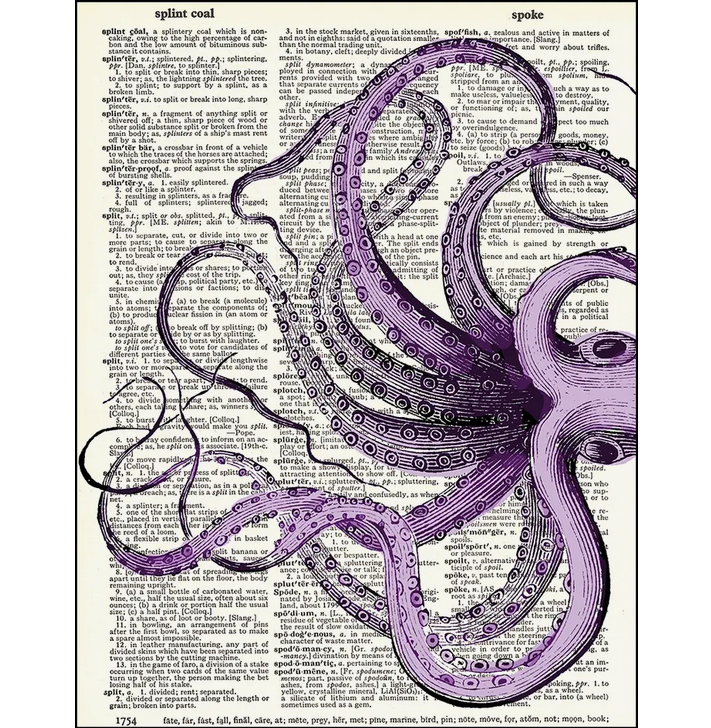 Purple Octopus Dictionary Page Art Print - HalfMoonMusic