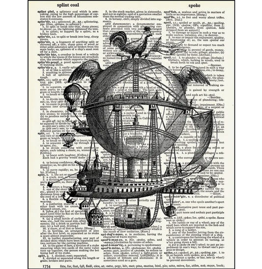 Steampunk Fantasy Airship Dictionary Page Art Print - HalfMoonMusic