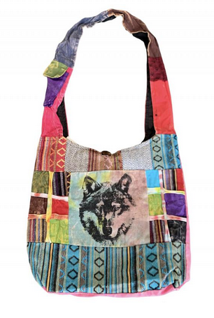 Cotton Patchwork Wolf Print Hobo Bag - HalfMoonMusic